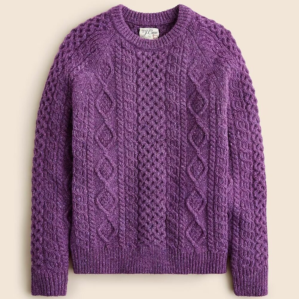 NWT $220 J Crew 100% Wool Cable Knit Fisherman Sweater in Amethyst Purple